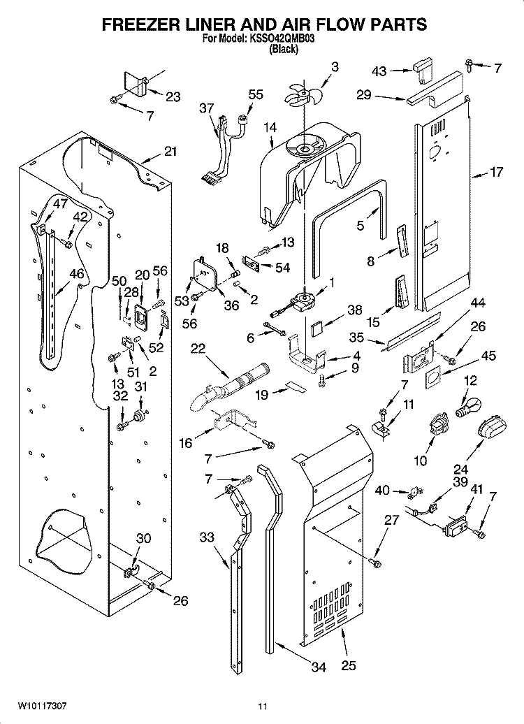 FREEZER LINER AND AIR FLOW PARTS Diagram and Parts List for KSSO42QMB03  KitchenAid Refrigerator