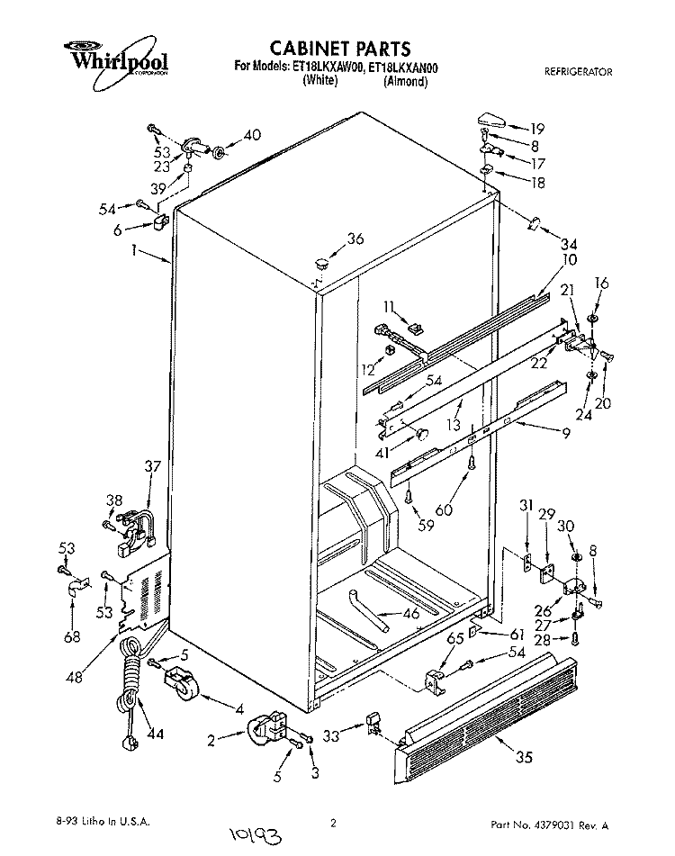 CABINET Diagram and Parts List for ET18LKXAN00  Whirlpool Refrigerator