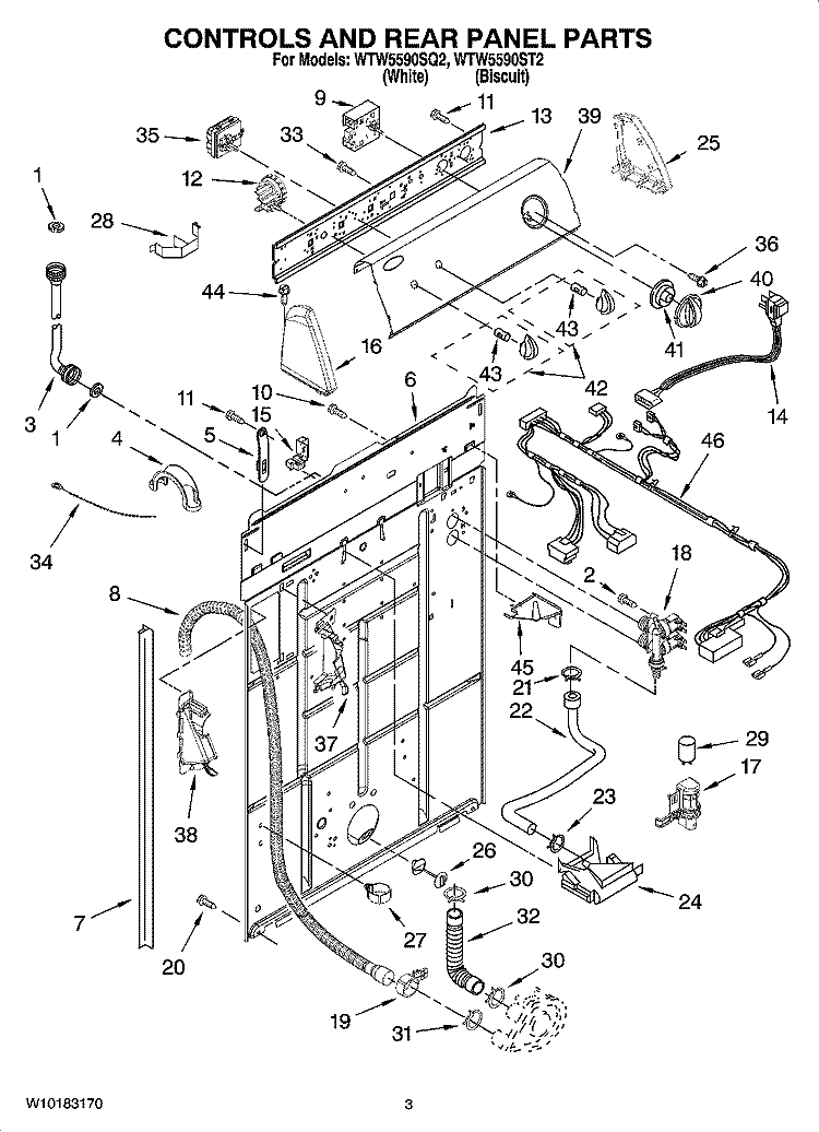 CONTROLS AND REAR PANEL PARTS Diagram and Parts List for WTW5590ST2  Whirlpool Washer