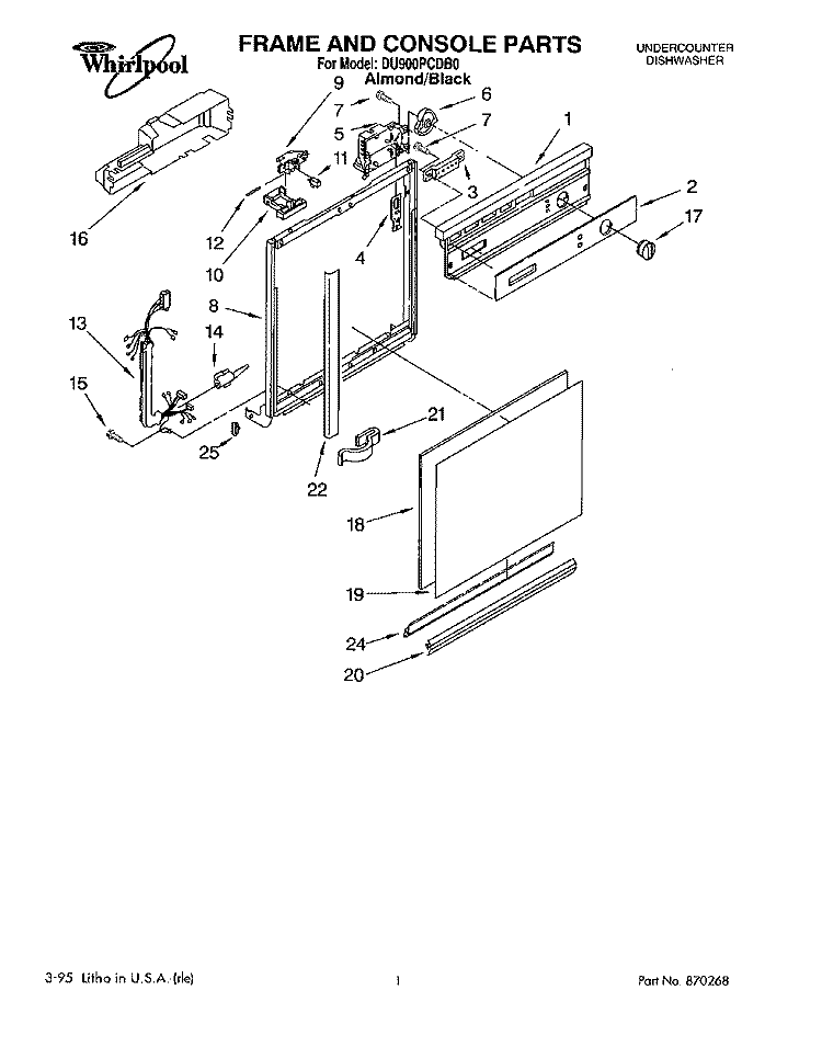 FRAME AND CONSOLE Diagram and Parts List for DU900PCDB0  Whirlpool Dishwasher