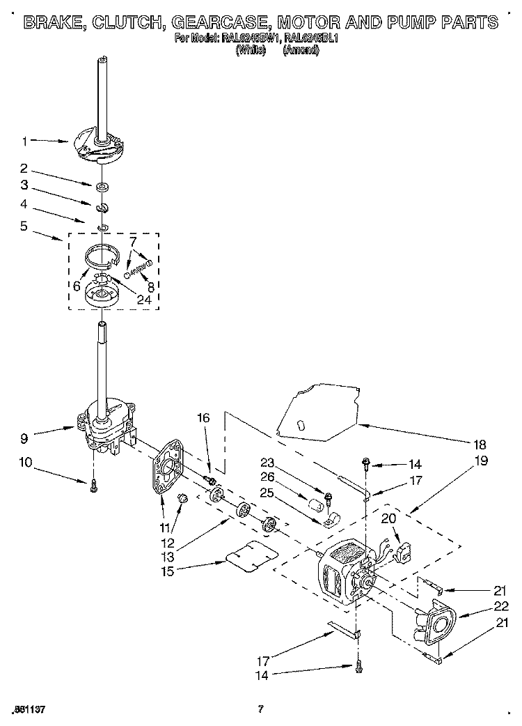 BRAKE, CLUTCH, GEARCASE, MOTOR & PUMP Diagram and Parts List for RAL6245BL1  Whirlpool Washer