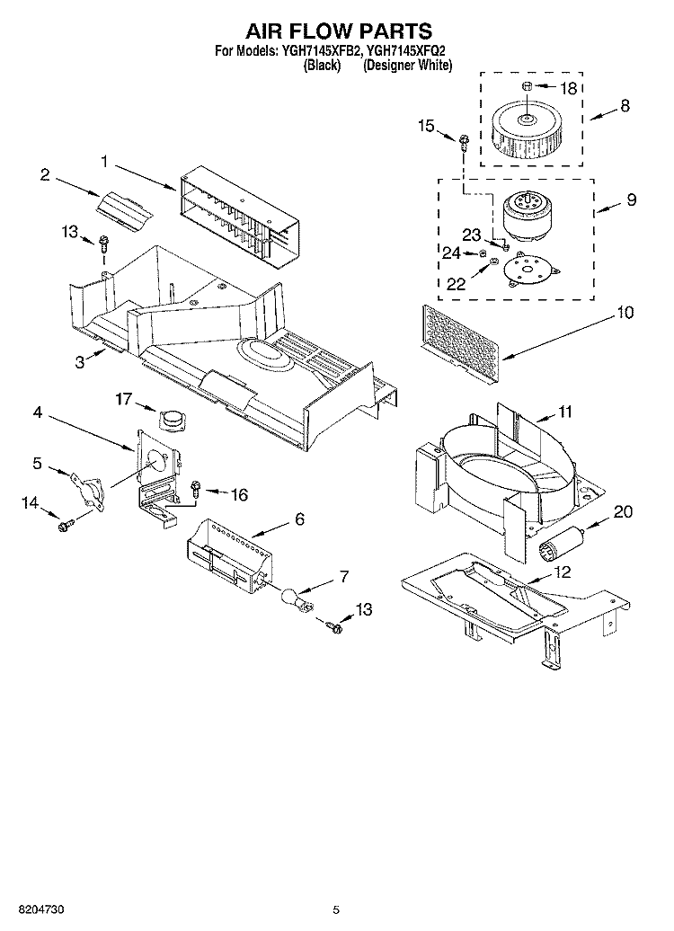 AIR FLOW PARTS Diagram and Parts List for YGH7145XFB2  Whirlpool Microwave