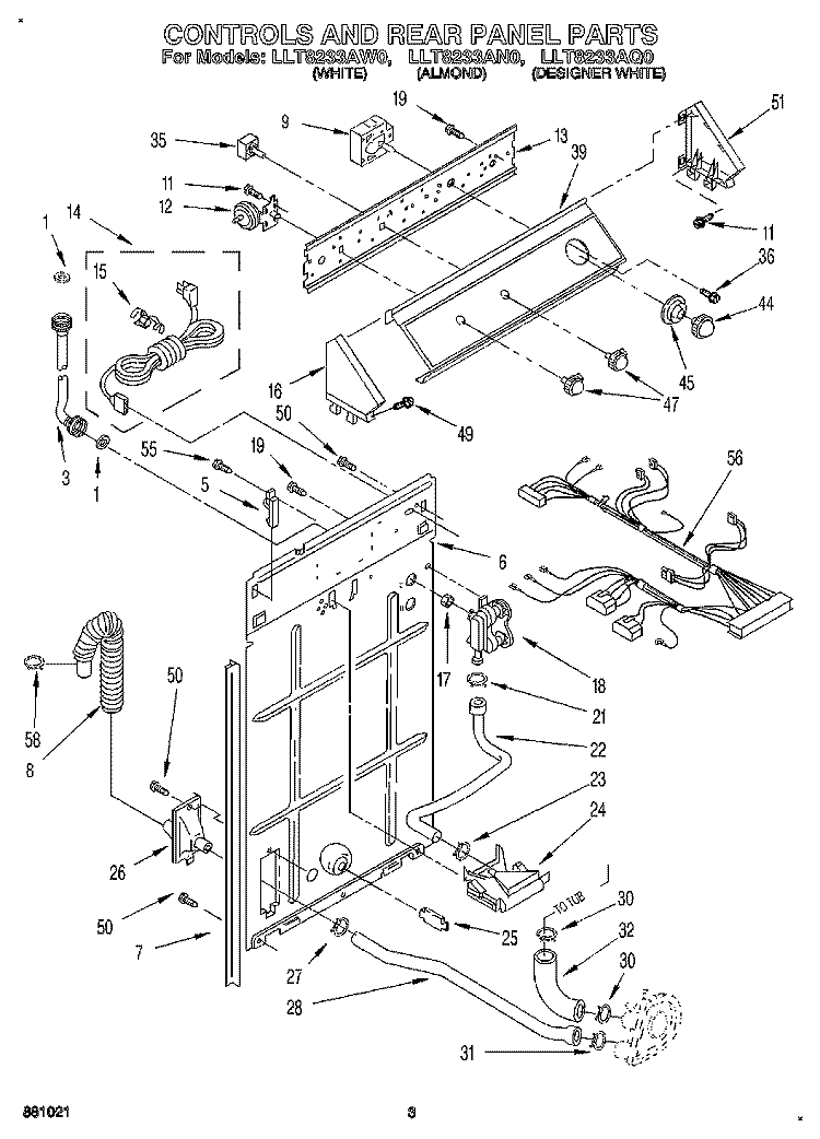 CONTROLS AND REAR PANEL Diagram and Parts List for LLT8233AN0  Whirlpool Washer