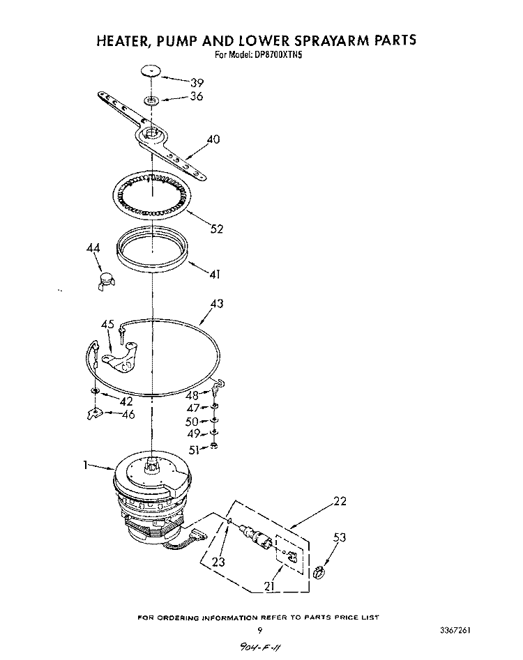 HEATER, PUMP AND LOWER SPRAY ARM Diagram and Parts List for DP8700XTN5  Whirlpool Dishwasher
