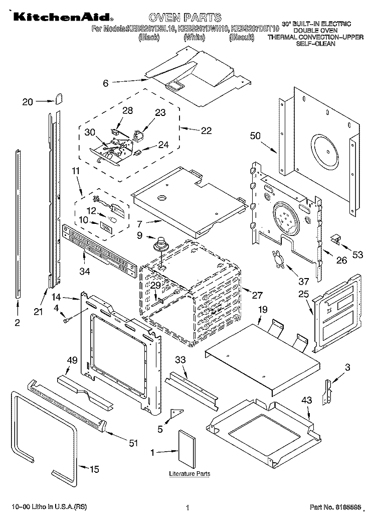 OVEN, LITERATURE Diagram and Parts List for KEBS207DBL10  KitchenAid Wall Oven