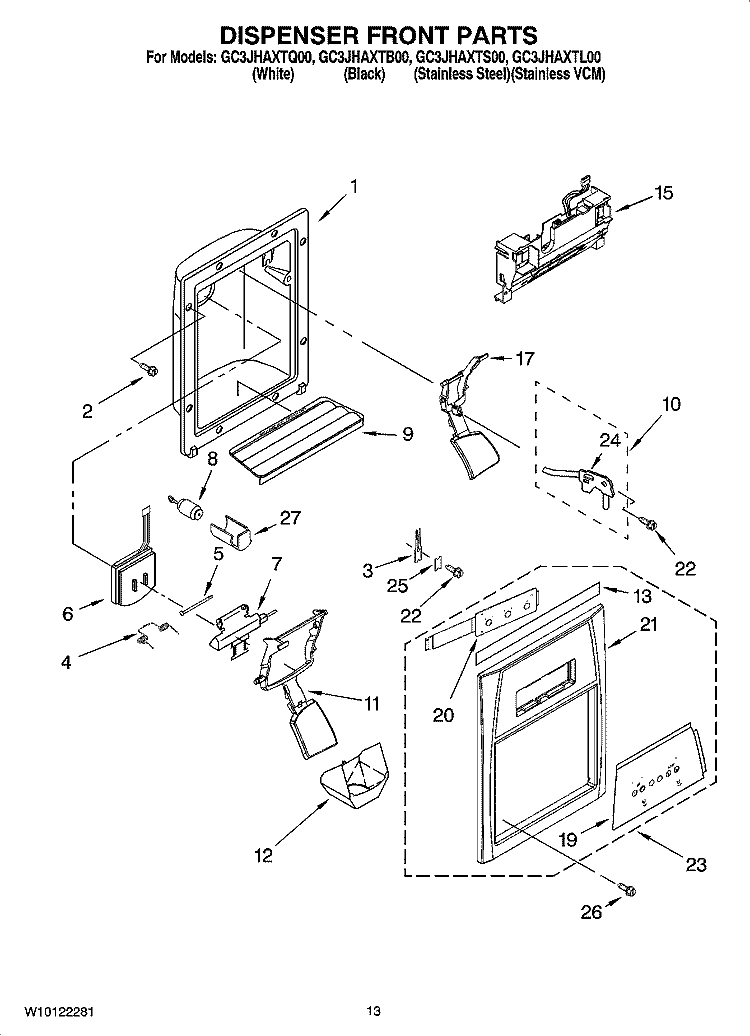 DISPENSER FRONT PARTS Diagram and Parts List for GC3JHAXTL00  Whirlpool Refrigerator