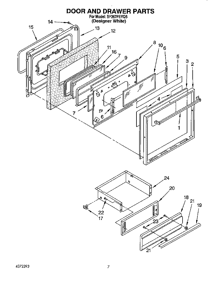 DOOR AND DRAWER Diagram and Parts List for SF367PEYQ5  Whirlpool Range