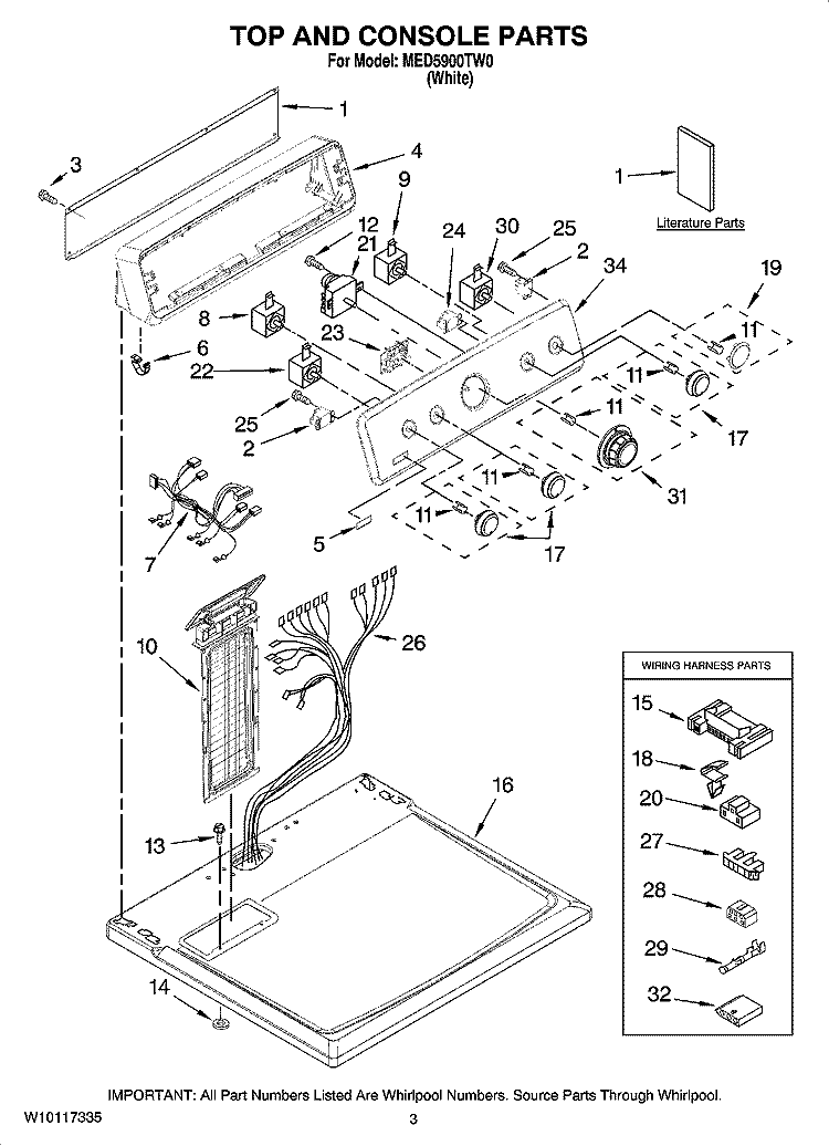 TOP AND CONSOLE PARTS Diagram and Parts List for MED5900TW0  Maytag Dryer