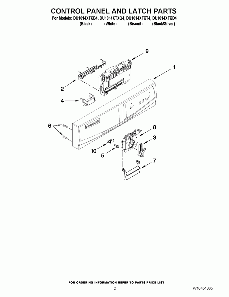 CONTROL PANEL AND LATCH PARTS Diagram and Parts List for DU1014XTXB4  Whirlpool Dishwasher