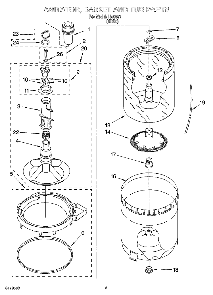 AGITATOR, BASKET AND TUB PARTS Diagram and Parts List for IJ45001  Inglis Washer