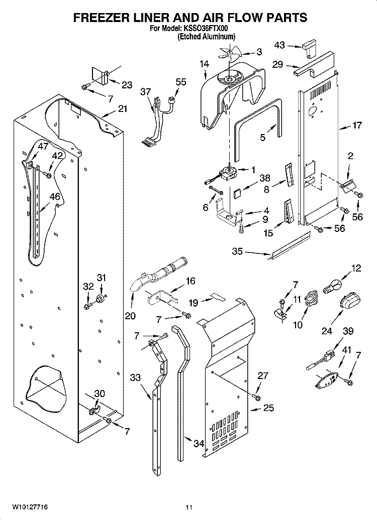 FREEZER LINER AND AIR FLOW PARTS Diagram and Parts List for KSSO36FTX00  KitchenAid Refrigerator