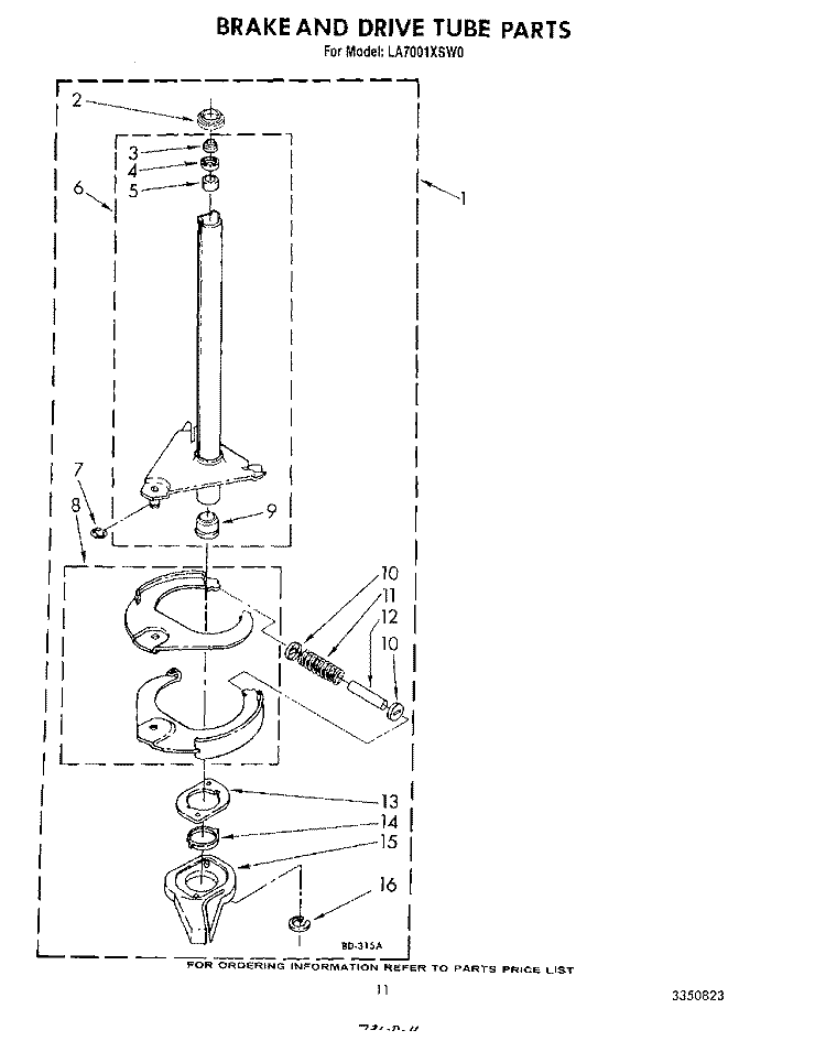 BRAKE AND DRIVE TUBE Diagram and Parts List for LA7001XSW0  Whirlpool Washer