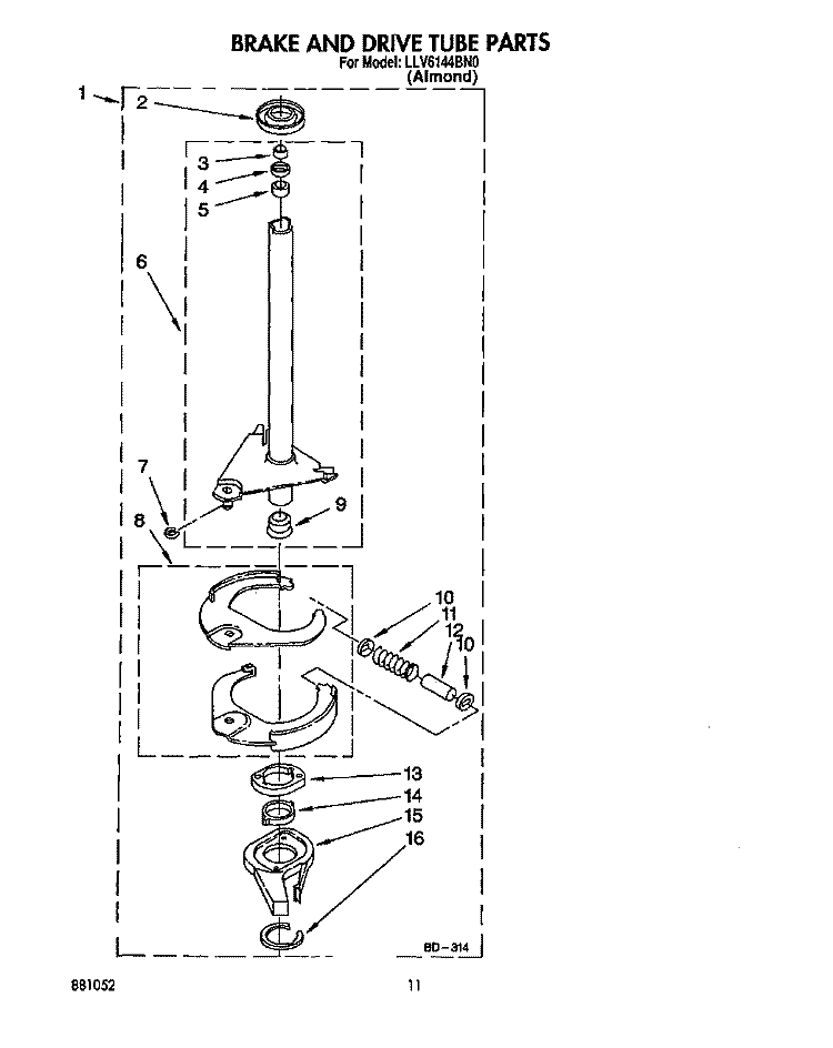 BRAKE AND DRIVE TUBE Diagram and Parts List for LLV6144BN0  Whirlpool Washer