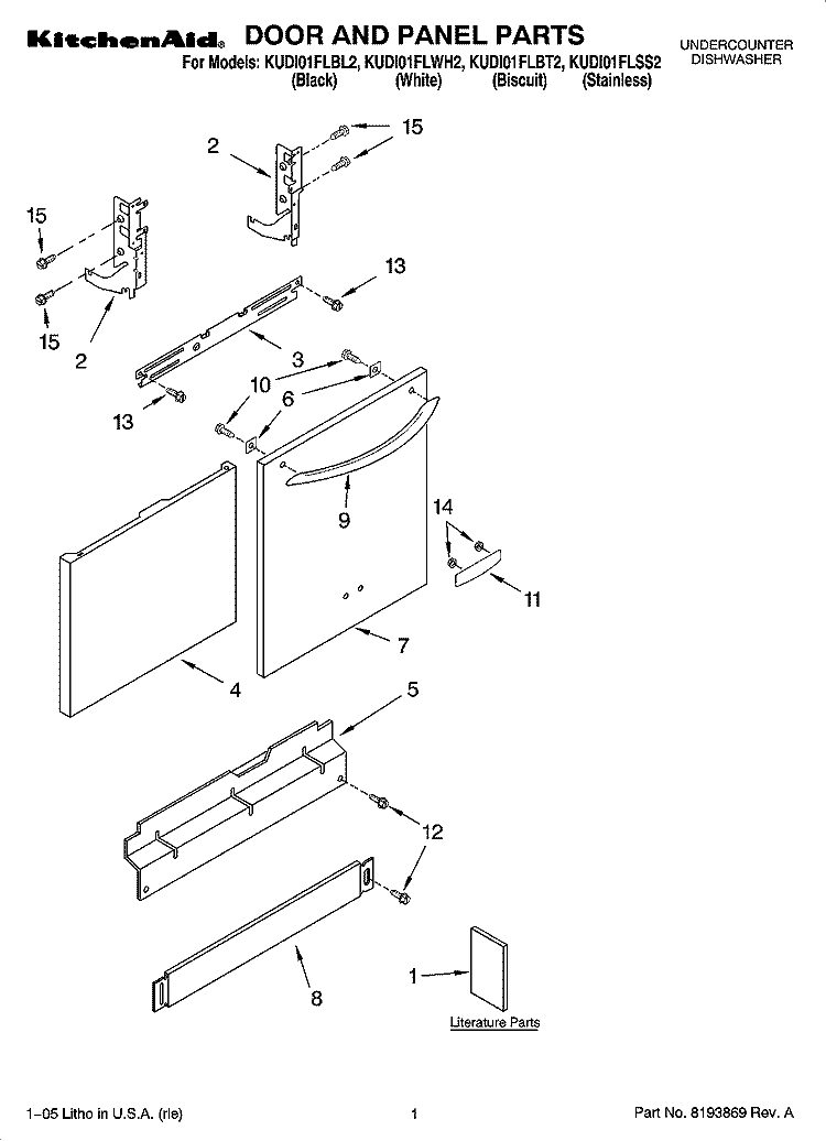 DOOR AND PANEL PARTS Diagram and Parts List for KUDI01FLBT2  KitchenAid Dishwasher