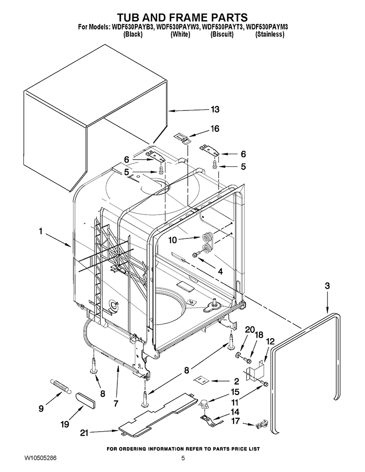 TUB AND FRAME PARTS Diagram and Parts List for WDF530PAYT3  Whirlpool Dishwasher