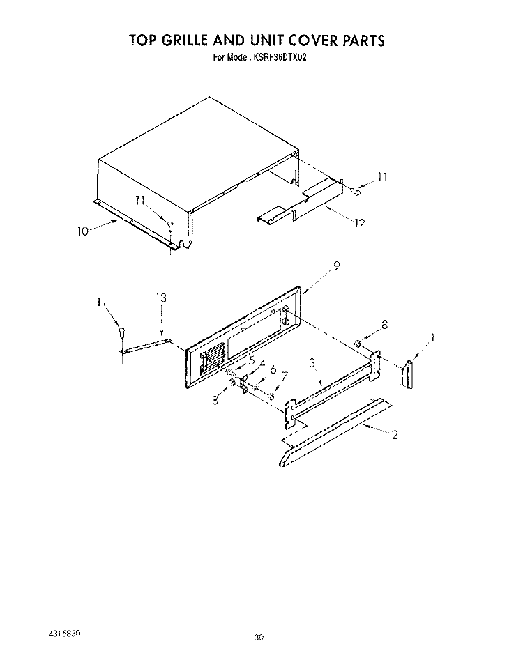 TOP GRILLE AND UNIT COVER Diagram and Parts List for KSRF36DTX02  KitchenAid Refrigerator