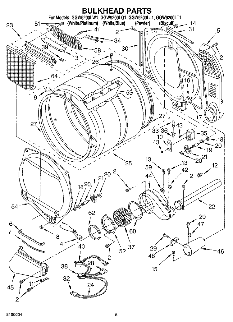 BULKHEAD PARTS Diagram and Parts List for GGW9200LQ1  Whirlpool Dryer