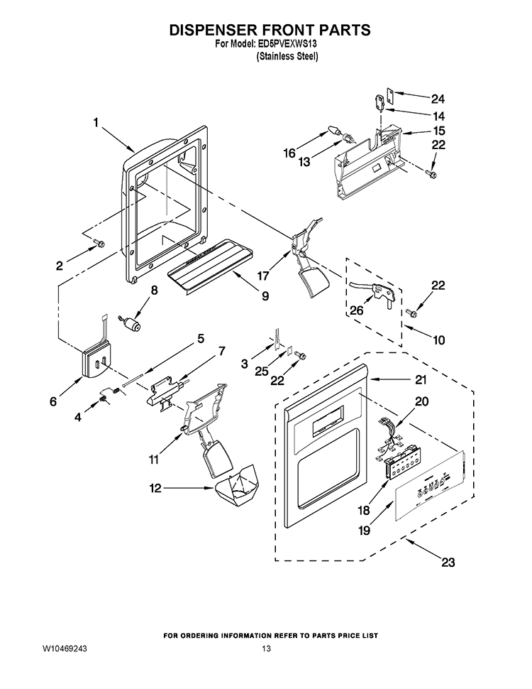 DISPENSER FRONT PARTS Diagram and Parts List for ED5PVEXWS13  Whirlpool Refrigerator
