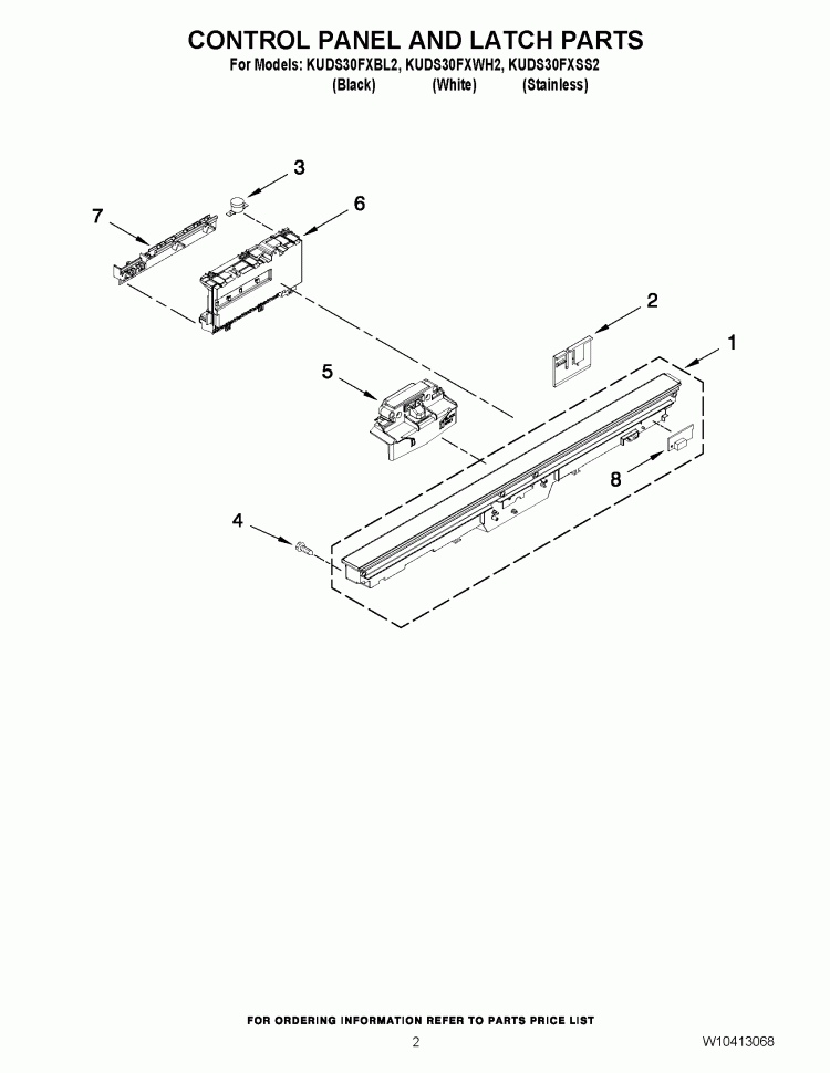 CONTROL PANEL AND LATCH PARTS Diagram and Parts List for KUDS30FXSS2  KitchenAid Dishwasher
