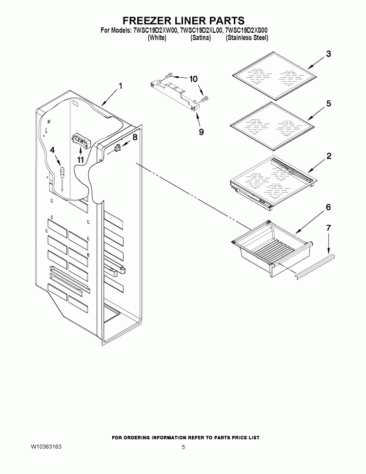 FREEZER LINER PARTS Diagram and Parts List for 7WSC19D2XS00  Whirlpool Refrigerator