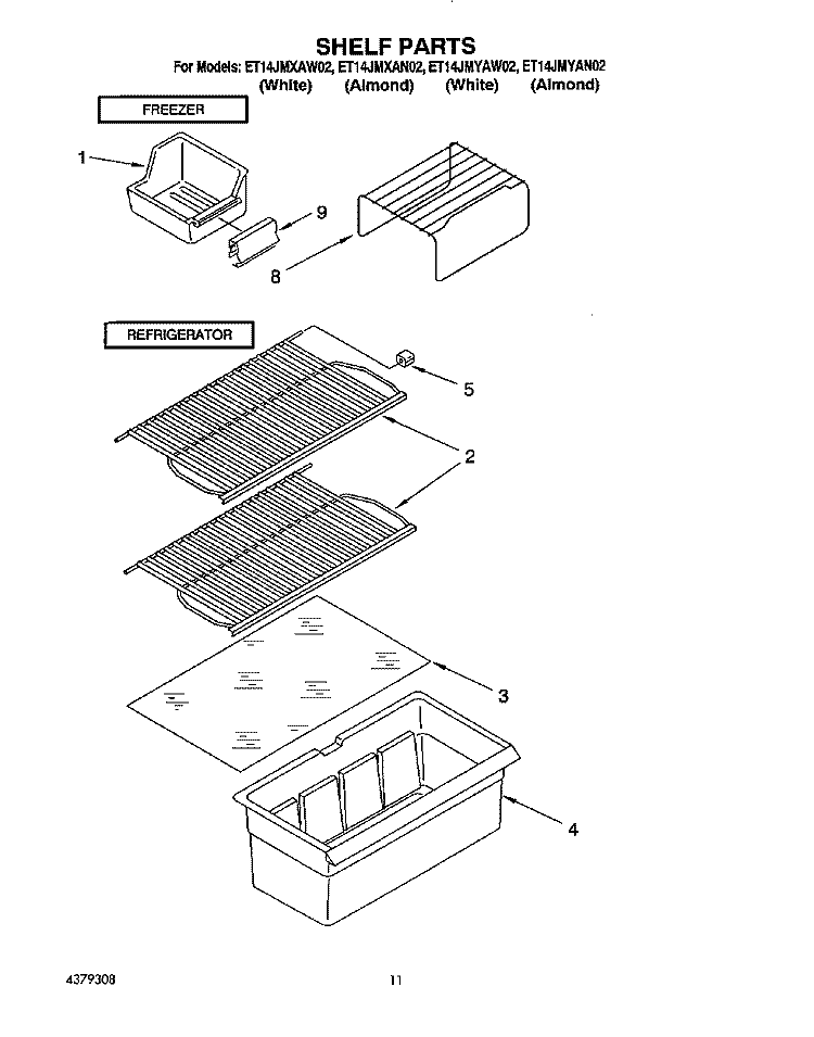 SHELF Diagram and Parts List for ET14JMXAN02  Whirlpool Refrigerator