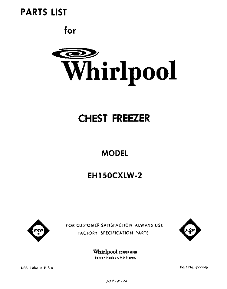 SECTION Diagram and Parts List for EH150CXLW2  Whirlpool Freezer