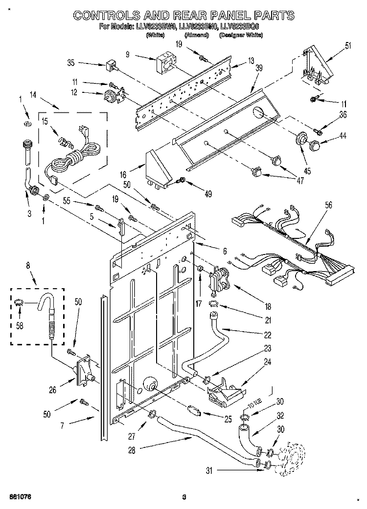 CONTROLS AND REAR PANEL Diagram and Parts List for LLV8233BN0  Whirlpool Washer