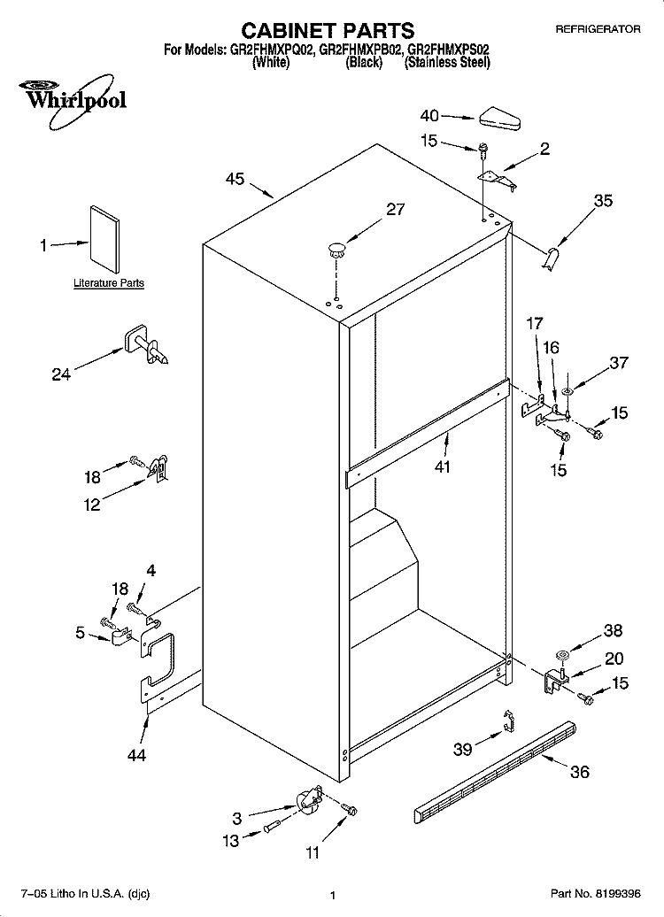 CABINET PARTS Diagram and Parts List for GR2FHMXPS02  Whirlpool Refrigerator