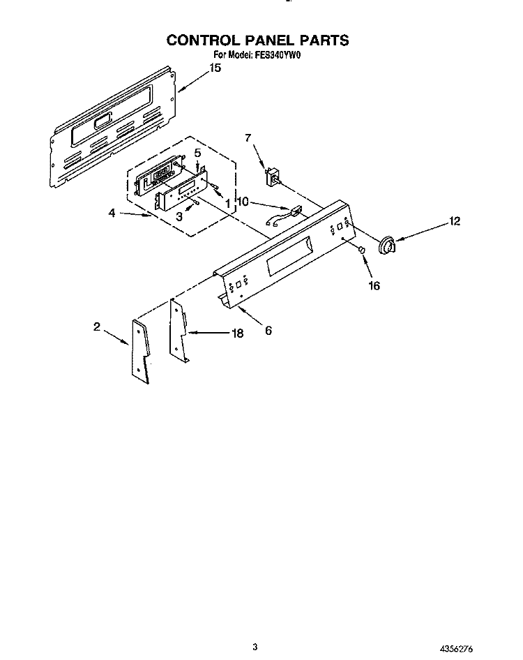 CONTROL PANEL Diagram and Parts List for FES340YW0  Roper Range