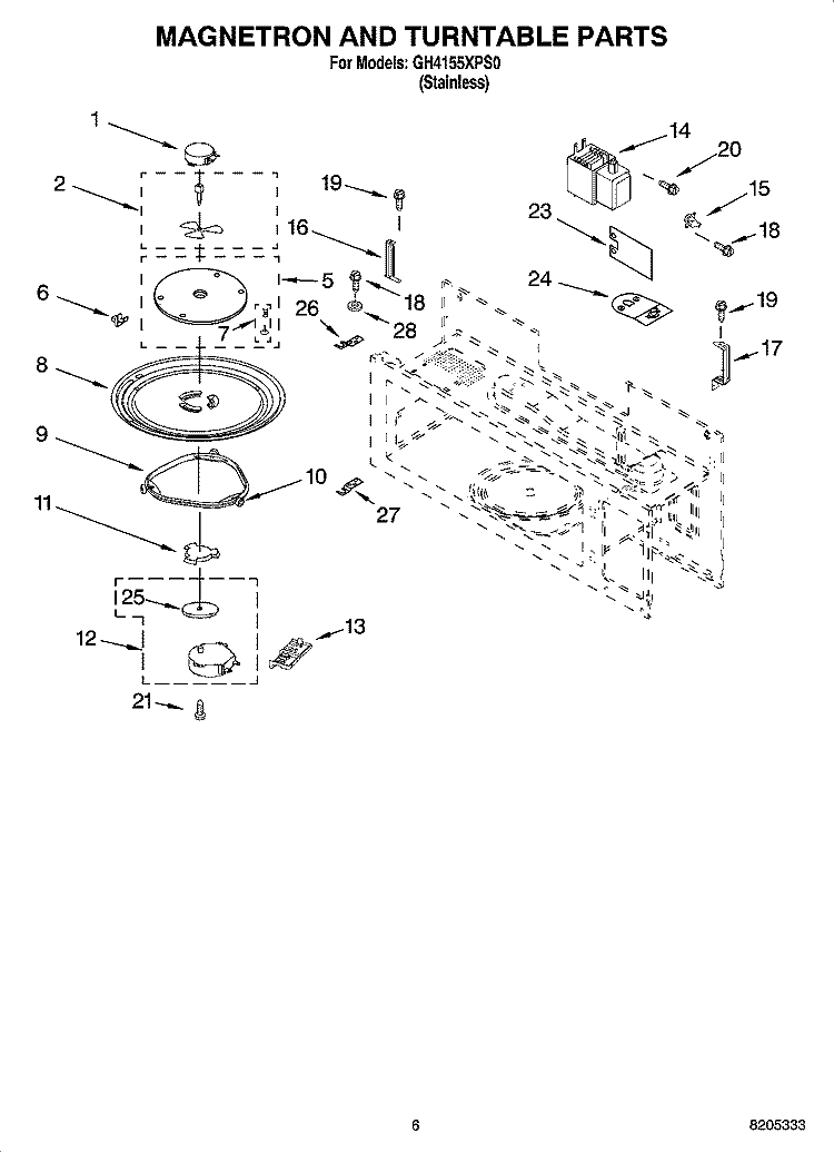 MAGNETRON AND TURNTABLE PARTS Diagram and Parts List for GH4155XPS0  Whirlpool Microwave