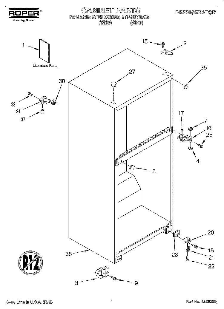 CABINET, LITERATURE Diagram and Parts List for RT14HDXGW02  Roper Refrigerator