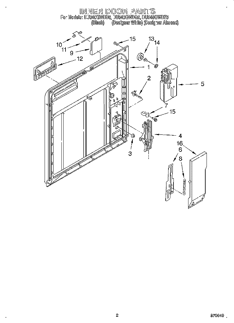 INNER DOOR Diagram and Parts List for DU940QWDB6  Whirlpool Dishwasher