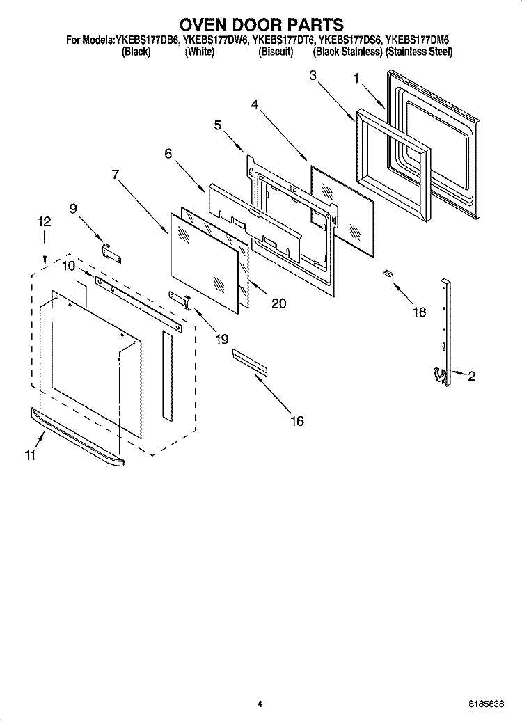 OVEN DOOR PARTS Diagram and Parts List for YKEBS177DW6  KitchenAid Wall Oven