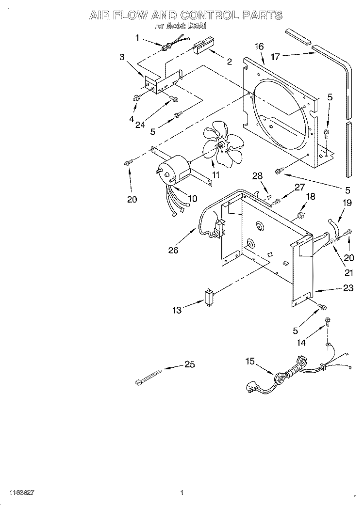 AIR FLOW AND CONTROL Diagram and Parts List for D30A1  Whirlpool Dehumidifier