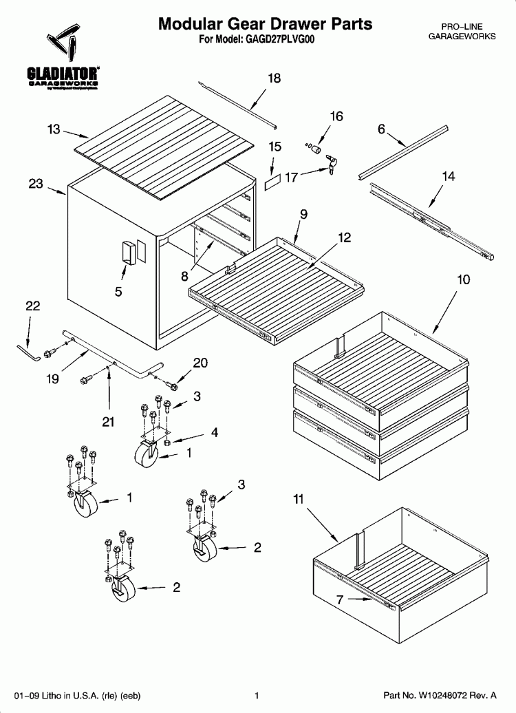 Modular Gear Drawer Parts Diagram and Parts List for GAGD27PLVG00  Whirlpool Cabinet