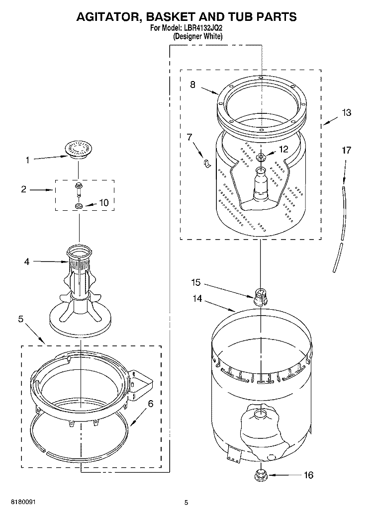 AGITATOR, BASKET AND TUB PARTS Diagram and Parts List for LBR4132JQ2  Whirlpool Washer
