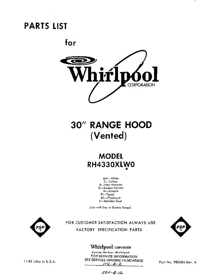 SECTION Diagram and Parts List for RH4330XLW0  Whirlpool Range Hood