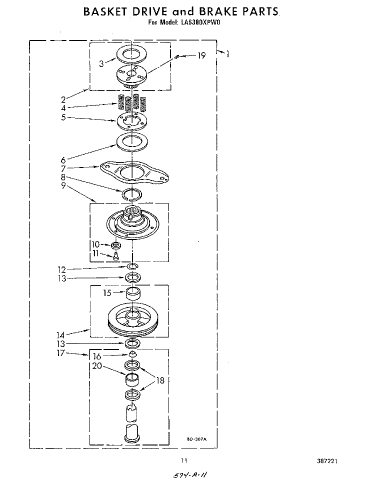 BASKET DRIVE AND BRAKE Diagram and Parts List for LA6380XPW0  Whirlpool Washer