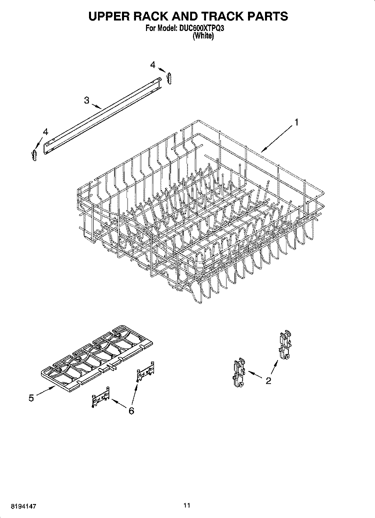 UPPER RACK AND TRACK PARTS Diagram and Parts List for DUC600XTPQ3  Whirlpool Dishwasher