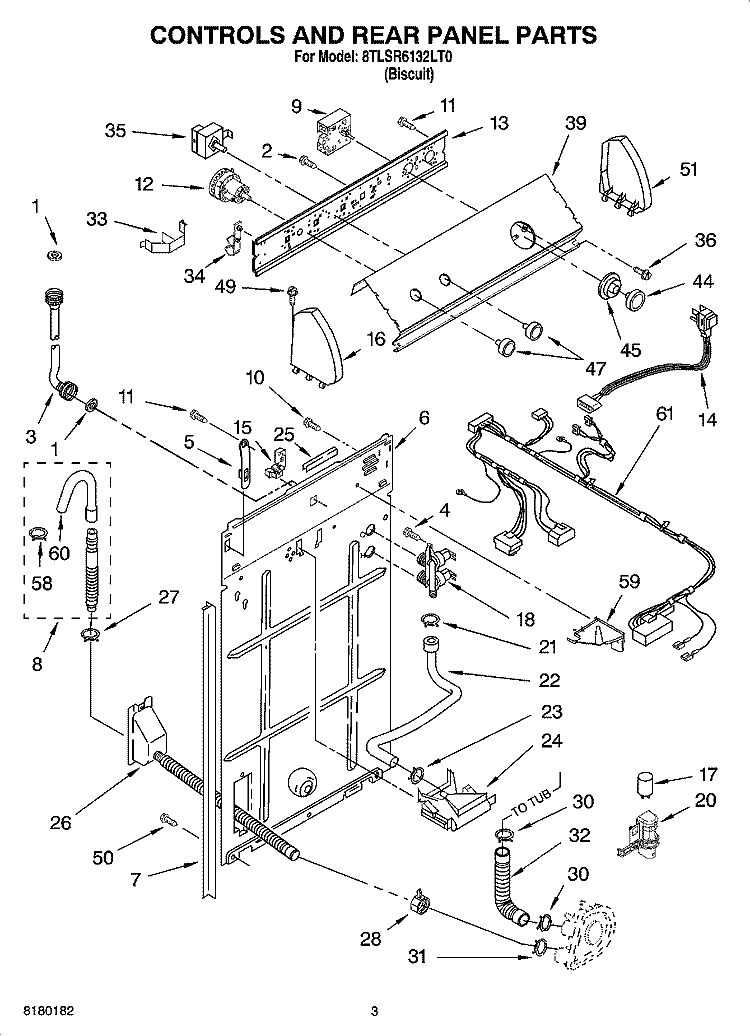CONTROLS AND REAR PANEL PARTS Diagram and Parts List for 8TLSR6132LT0  Whirlpool Washer