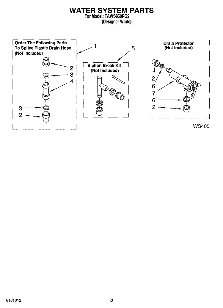 WATER SYSTEM PARTS, OPTIONAL PARTS (NOT INCLUDED) Diagram and Parts List for TAWS850PQ2  Estate Washer
