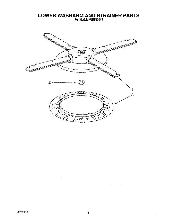 LOWER WASHARM AND STRAINER Diagram and Parts List for KUDP230Y1  KitchenAid Dishwasher