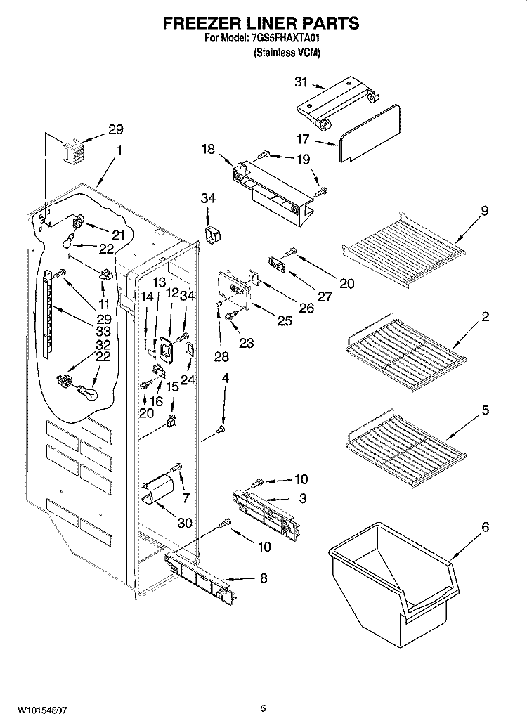 FREEZER LINER PARTS Diagram and Parts List for 7GS5FHAXTA01  Whirlpool Refrigerator