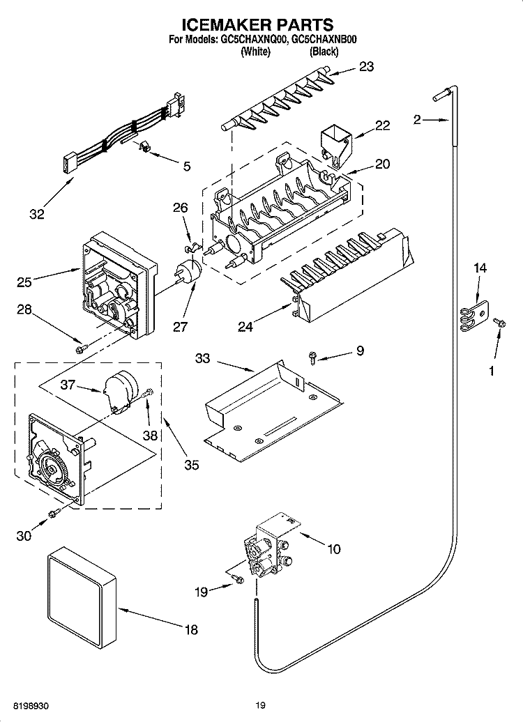 ICEMAKER PARTS, OPTIONAL PARTS Diagram and Parts List for GC5CHAXNB00  Whirlpool Refrigerator