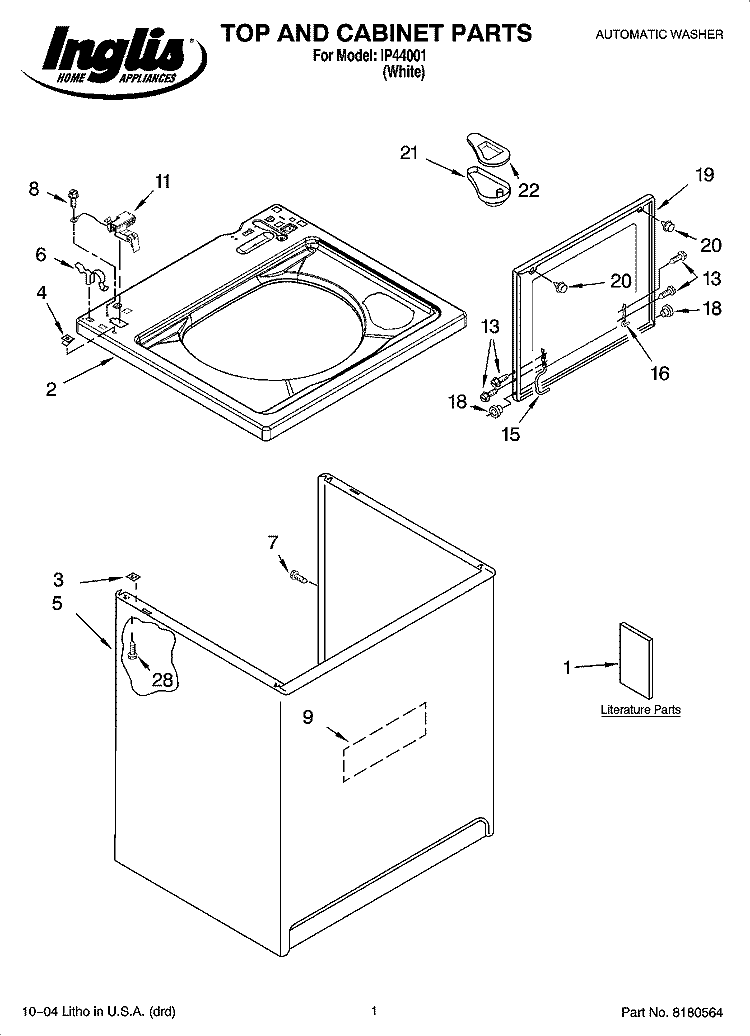 TOP AND CABINET PARTS Diagram and Parts List for IP44001  Inglis Washer