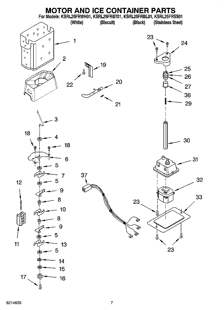 MOTOR AND ICE CONTAINER PARTS Diagram and Parts List for KSRL25FRBL01  KitchenAid Refrigerator