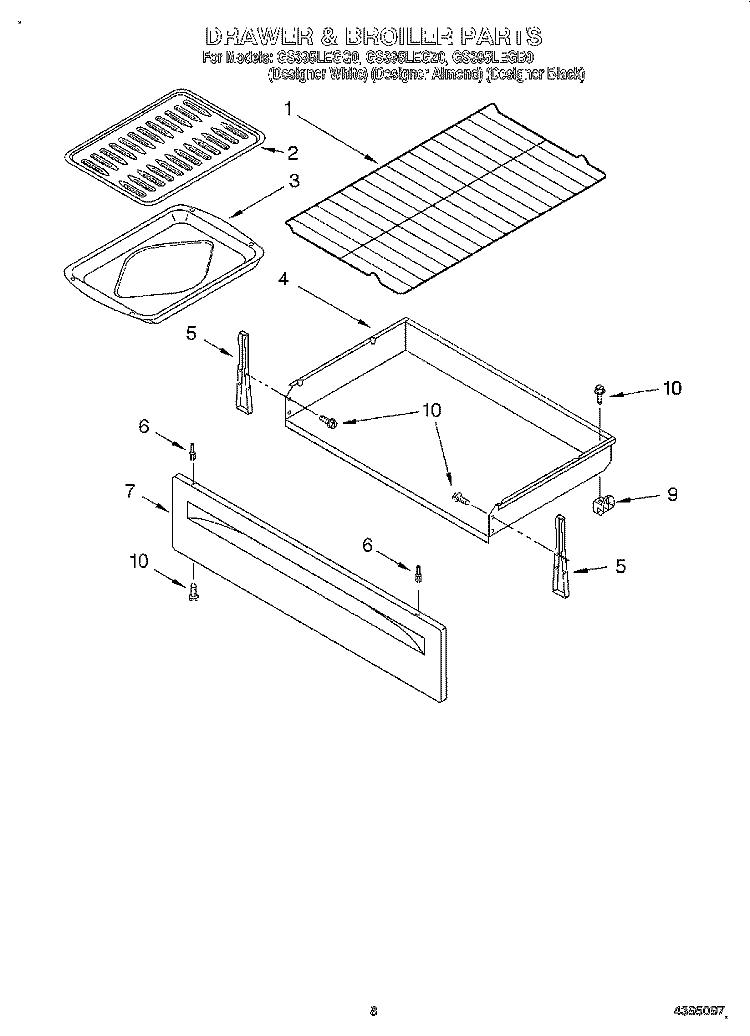 DRAWER AND BROILER, LIT/OPTIONAL Diagram and Parts List for GS395LEGZ0  Whirlpool Range