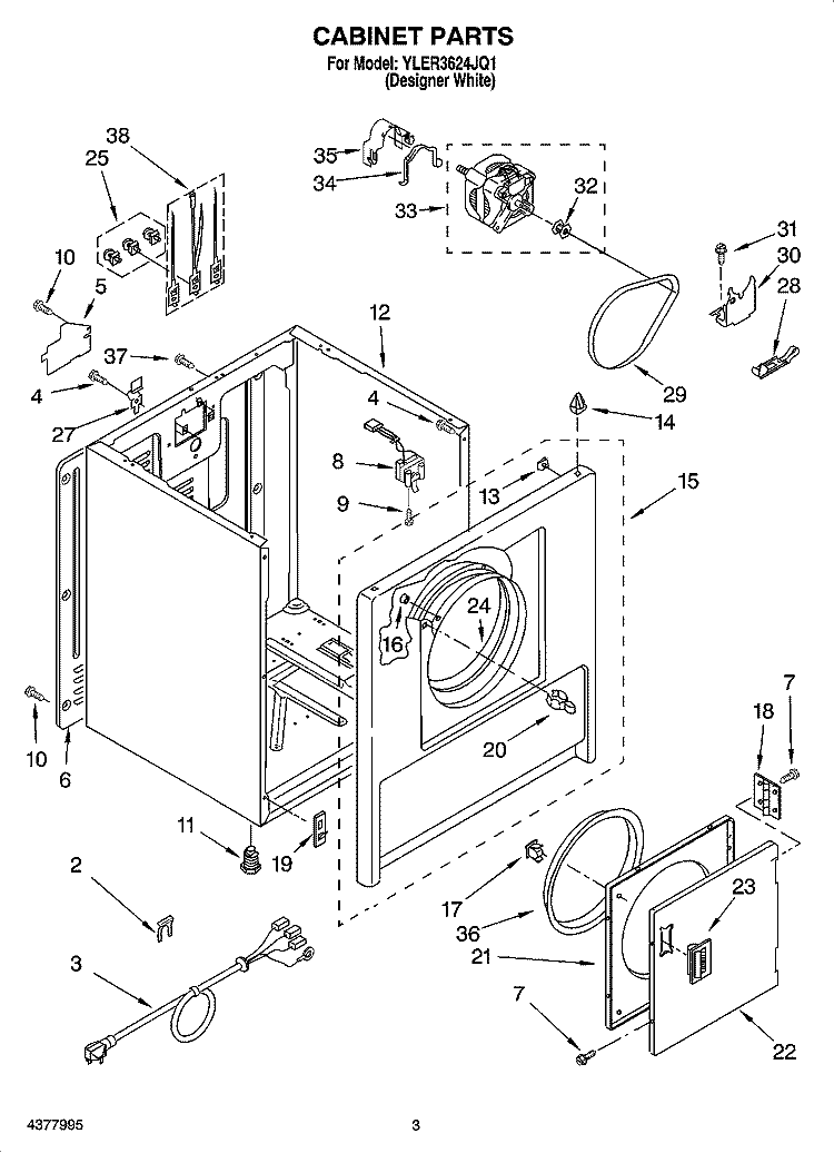 CABINET PARTS Diagram and Parts List for YLER3624JQ1  Whirlpool Dryer