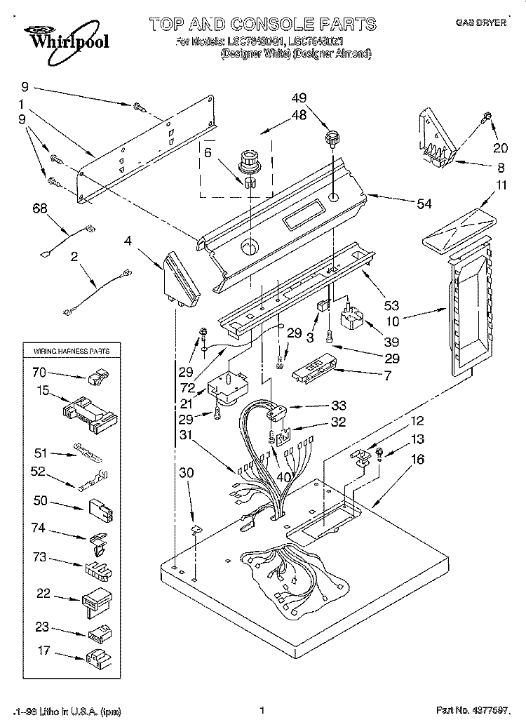 TOP AND CONSOLE, LIT/OPTIONAL Diagram and Parts List for LGC7848DQ1  Whirlpool Dryer