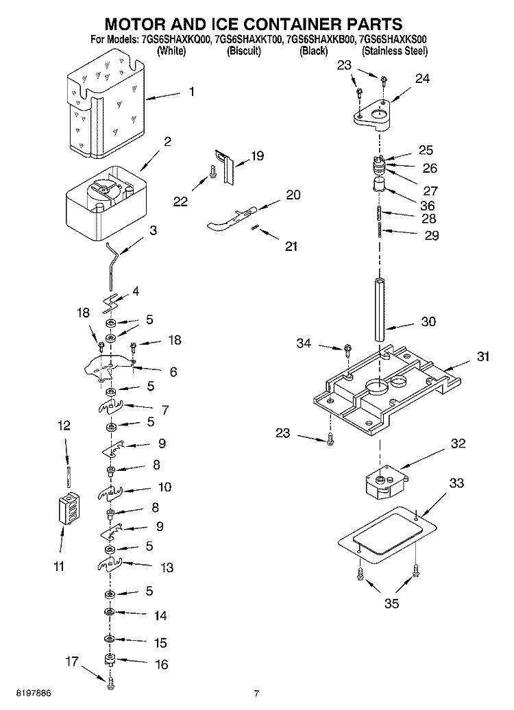MOTOR AND ICE CONTAINER Diagram and Parts List for 7GS6SHAXKQ00  Whirlpool Refrigerator